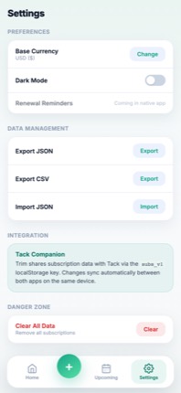 Trim privacy and settings current app screenshot